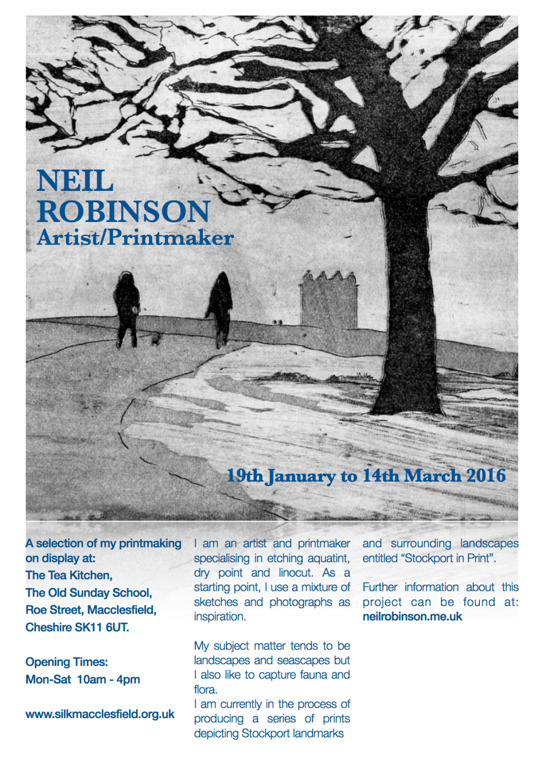 I have a mini exhibition of my printmaking on display at The Tea Kitchen, The Old Sunday School, Roe Street, Macclesfield from Tuesday 19th January to Monday 14th March 2016.