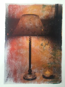 Table lamp and candle. Gelli print with matte medium transfer.
