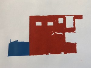 Screen-print showing a block of brick red and ultramarine blue. (WIP)