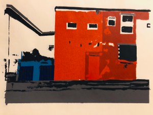 Screen-print “Blue fence, red door” by Neil Robinson
