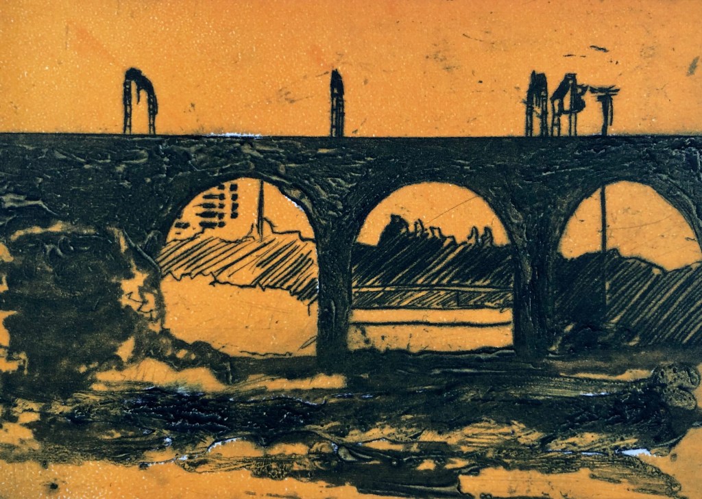 Viaduct silhouette drypoint with rollover of orange