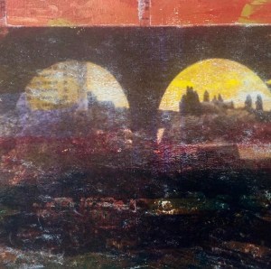 Viaduct and bus terminal mixed media print.