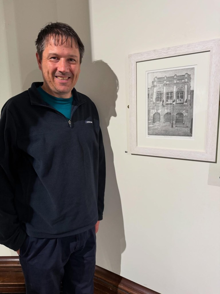 Me with print of "Produce Hall" at Stockport Open exhibition